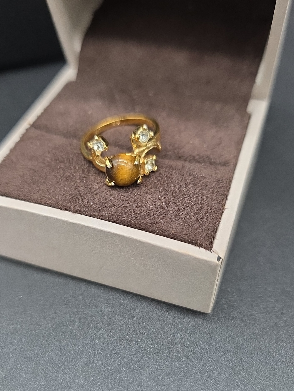 18K HEAVY GOLD PLATE Tiger Eye Statement ring sz 6